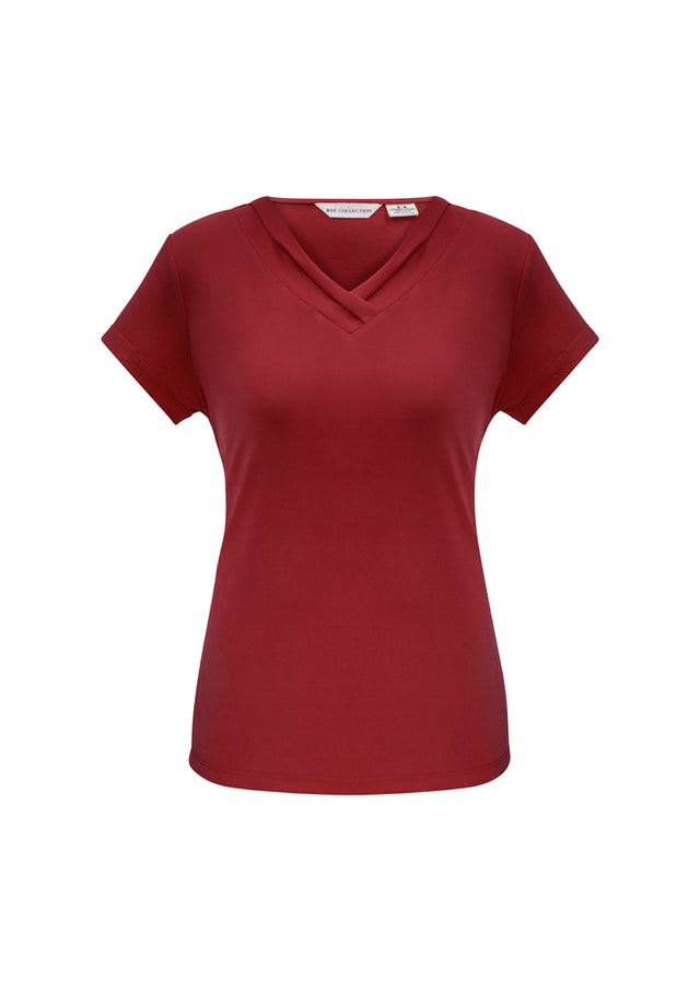 Ladies Lana Short Sleeve Top in Cherry, Size 14, featuring a pleat fold v-neck and soft, flowing fabric for versatile styling.