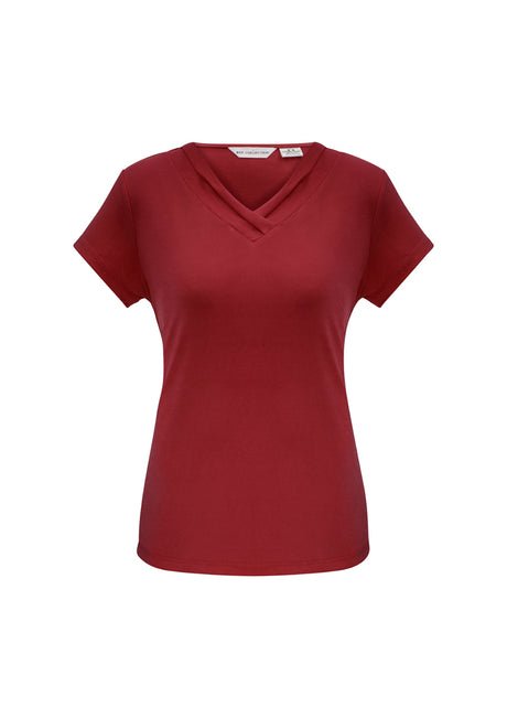 Ladies Lana Short Sleeve Top in Cherry, size 26, featuring a pleat fold v-neck, soft fabric for comfort and style.