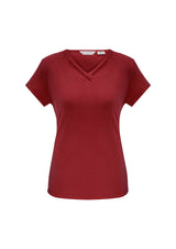 Ladies Lana Short Sleeve Top in Cherry, Size 22, featuring a pleat fold v-neck and a soft, flowing fabric for easy wear.