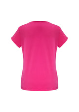 Fuchsia ladies short sleeve top with pleat fold v-neck, crafted from soft, durable fabric, size 6, stylish and versatile.