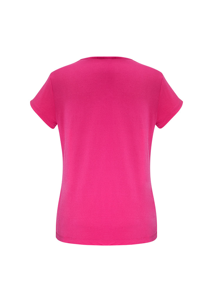 Ladies Lana Short Sleeve Top in Fuchsia, Size 12, featuring a pleat fold v-neck and soft, breathable fabric for all-day comfort.