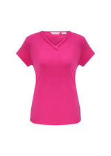 Ladies Lana Short Sleeve Top in Fuchsia, Size 12, featuring a pleat fold v-neck and soft breathable fabric for comfort and style.