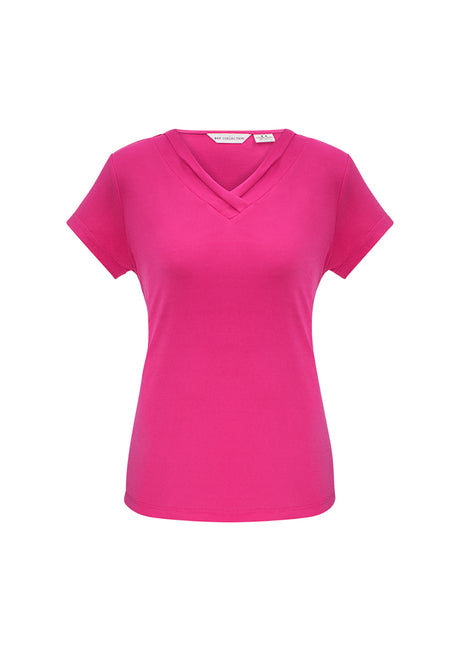 Ladies Lana Short Sleeve Top in Fuchsia, Size 12, featuring a pleat fold v-neck and soft breathable fabric for comfort and style.