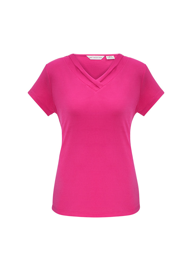 Fuchsia Ladies Lana Short Sleeve Top in size 18 with pleat fold v-neck, soft jersey knit for comfort and style.