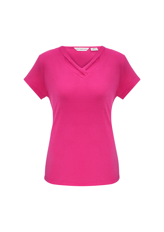 Vibrant fuchsia Ladies Lana Short Sleeve Top in size 22, featuring a pleat fold v-neck and soft, flowing fabric.
