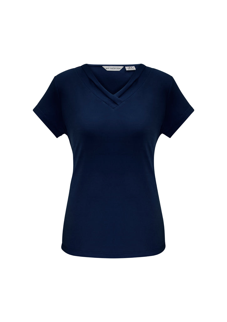 Stylish ink short sleeve top for ladies, featuring a pleat fold v-neck and flattering fit, made from soft polyester-elastane blend.