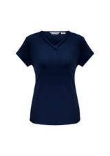 Stylish ink-colored short sleeve top for plus sizes, featuring a pleat fold v-neck and versatile wear for any occasion.