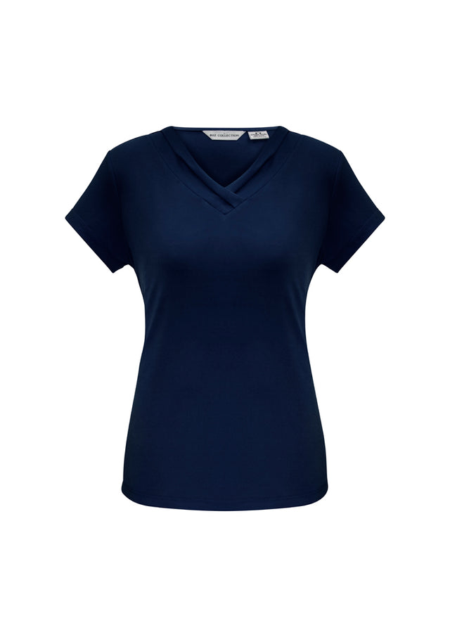Stylish ink-colored short sleeve top for plus sizes, featuring a pleat fold v-neck and versatile wear for any occasion.