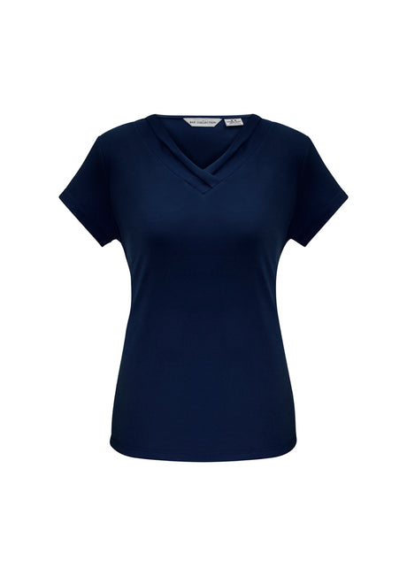 Elegant Ladies Lana Short Sleeve Top in ink, Size 8, featuring a flattering pleat fold v-neck and soft, flowy fabric.