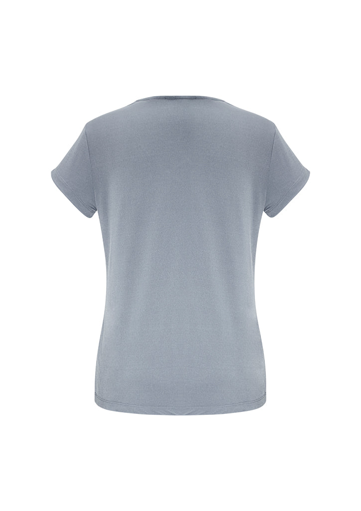 Elegant silver short sleeve top for women, featuring pleat fold v-neck and a flattering cut, size 14 from Biz Collection.