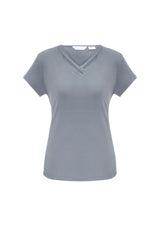 Ladies Lana Short Sleeve Top in silver, size 6, featuring a pleat fold v-neck and soft, flowing jersey fabric for versatile styling.