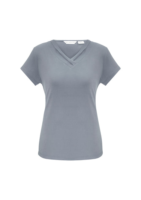 Ladies Lana Short Sleeve Top in silver, size 6, featuring a pleat fold v-neck and soft, flowing jersey fabric for versatile styling.