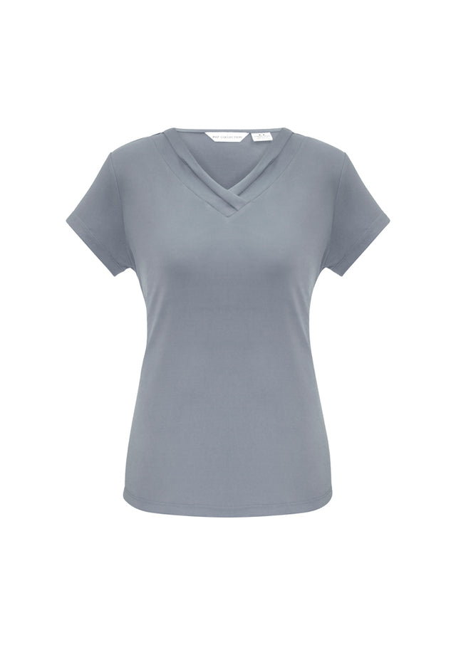 Silver Ladies Lana Short Sleeve Top in Size 20 features a pleat fold v-neck, soft fabric, and versatile styling options.