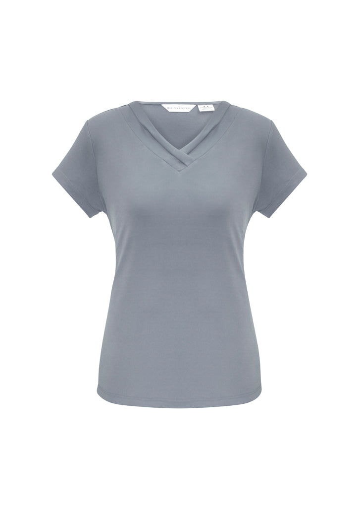 Ladies Lana Short Sleeve Top in silver, size 24, featuring a pleat fold v-neck, soft jersey fabric, and versatile styling options.