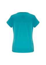 Turquoise blue short sleeve top for women, size 26, featuring pleat fold v-neck for a stylish and comfortable fit.