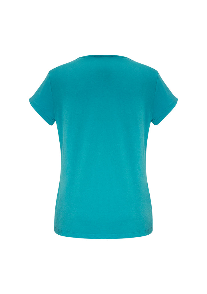 Turquoise blue Ladies Lana Short Sleeve Top, size 10, featuring pleat fold v-neck and relaxed fit for versatile styling.