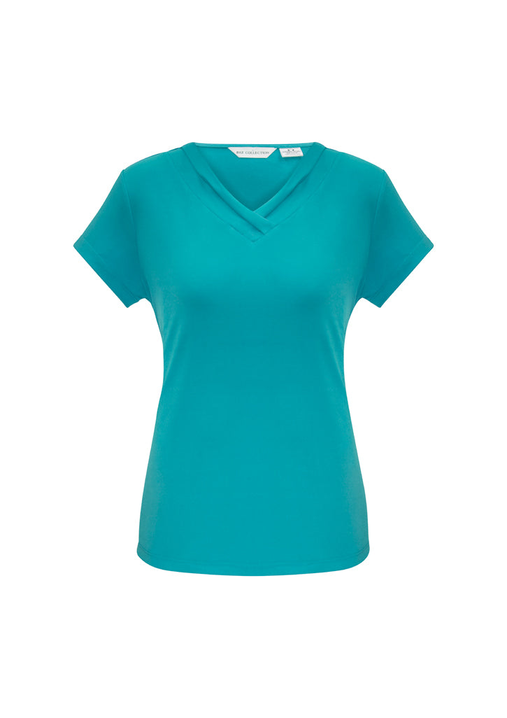Ladies Lana Short Sleeve Top in Turquoise Blue, Size 12, featuring a pleat fold v-neck and soft, flowing fabric.