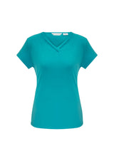 Ladies Lana Short Sleeve Top in Turquoise Blue, Size 12, featuring a pleat fold v-neck and soft, flowing fabric.