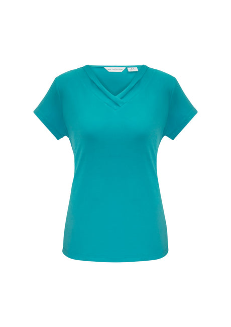 Ladies Lana Short Sleeve Top in Turquoise Blue, Size 12, featuring a pleat fold v-neck and soft, flowing fabric.