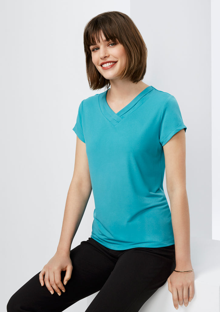 Stylish Ladies Lana Short Sleeve Top in Ink, size 12, featuring a pleat fold v-neck and flattering relaxed fit.