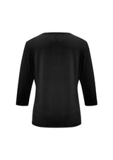 Black Ladies Lana 3/4 Sleeve Top, size 6, featuring a pleat fold v-neck and soft, flowy jersey knit for versatile styling.