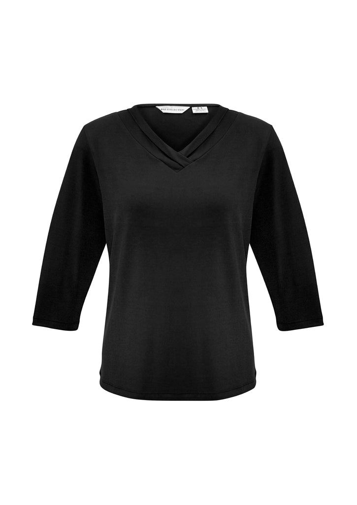 Elegant black 3/4 sleeve top for women, size 18, featuring pleat fold v-neck and soft, flowy fabric for versatile styling.