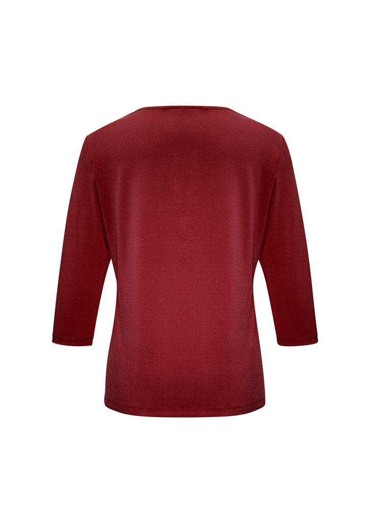 Ladies Lana 3/4 Sleeve Top in Cherry, featuring a pleat fold v-neck and soft flowing fabric, Size 12 by Biz Collection.
