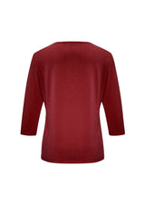 Lana 3/4 Sleeve Top in Cherry, size 8, featuring a pleat fold v-neck and soft jersey fabric for chic comfort and elegance.
