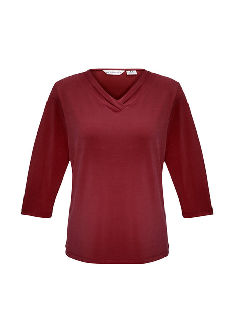 Ladies Lana 3/4 Sleeve Top in Cherry, featuring a pleat fold v-neck and soft, flowing fabric for elegant versatility.