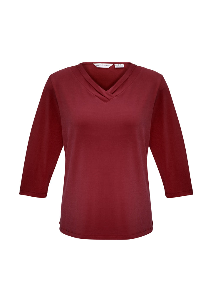 Ladies Lana 3/4 Sleeve Top in Cherry, size 6, featuring a pleat fold v-neck and soft jersey knit for versatile wear.
