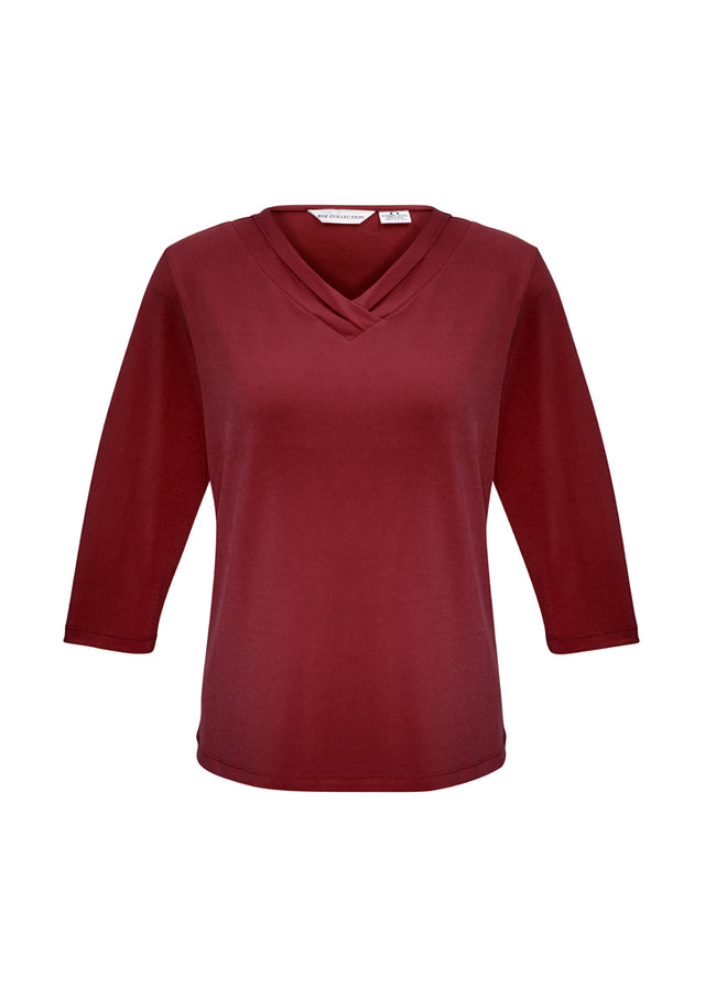 Ladies Lana 3/4 Sleeve Top in Cherry, size 6, featuring a pleat fold v-neck and soft jersey knit for versatile wear.