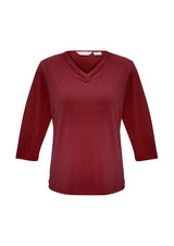 Ladies Lana 3/4 Sleeve Top in vibrant cherry, Size 24, featuring a flattering pleat fold v-neck for versatile styling.