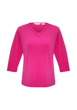 Ladies Lana fuchsia 3/4 sleeve top in size 22 featuring pleat fold v-neck and soft, flowing fabric for comfort and style.