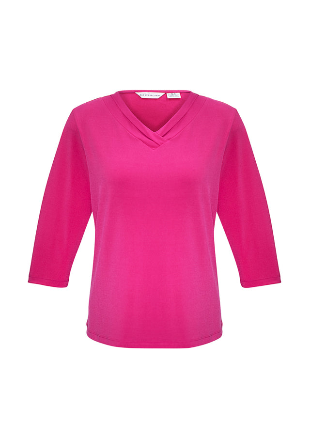 Fuchsia 3/4 sleeve top for women, size 24, with pleat fold v-neck, comfortable jersey knit, versatile for any occasion.
