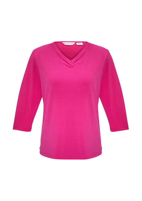 Ladies Lana 3/4 Sleeve Top in Fuchsia, Size 12, featuring a pleat fold v-neck and soft flowing fabric for stylish comfort.