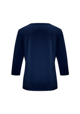 Ladies Lana 3/4 Sleeve Top in Ink, Size 22, featuring a pleat fold v-neck and soft, flowing fabric for versatile styling.