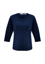 Ladies Lana 3/4 Sleeve Top in Ink, size 22, featuring a pleat fold v-neck and soft, flowing fabric for versatile styling.