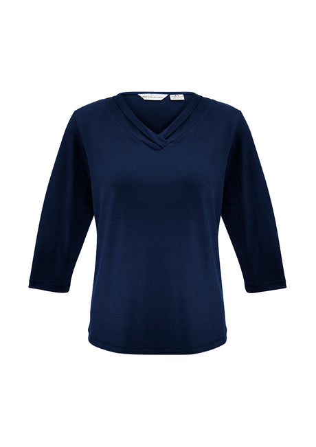 Ladies Lana 3/4 Sleeve Top in Ink, size 22, featuring a pleat fold v-neck and soft, flowing fabric for versatile styling.