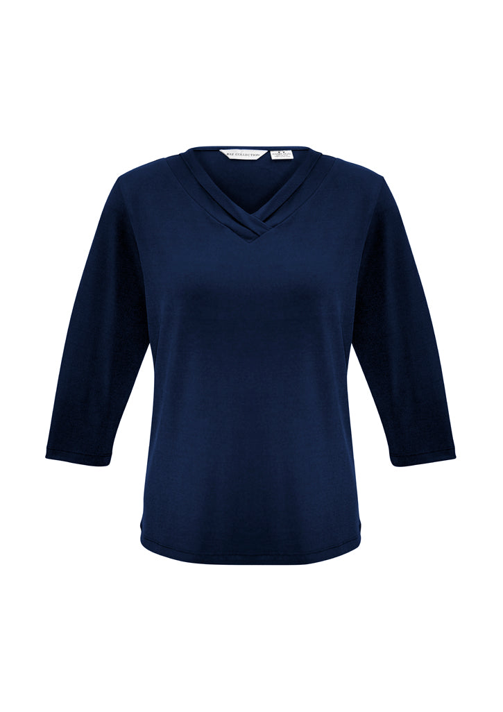 Ladies Lana 3/4 Sleeve Top in Ink, Size 6, showcasing a pleat fold v-neck and relaxed fit for versatile styling.