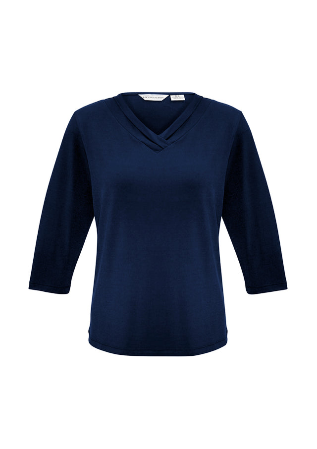 Ladies Lana 3/4 Sleeve Top in Ink, Size 6, showcasing a pleat fold v-neck and relaxed fit for versatile styling.