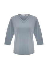 Elegant silver 3/4 sleeve top for women, featuring pleat fold v-neck, comfortable jersey knit, perfect for versatile styling.