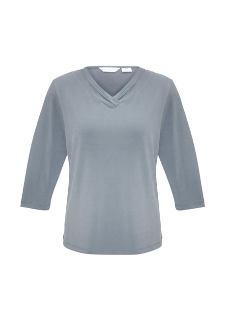 Ladies Lana silver 3/4 sleeve top, size 20, featuring a pleat fold v-neck, flattering fit, and soft fabric blend for versatile styling.