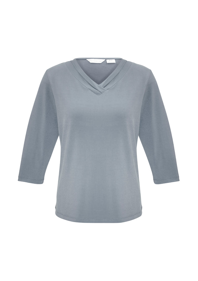 Stylish silver 3/4 sleeve top for women, featuring a pleat fold V-neck and a comfortable fit in size 12.
