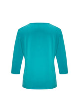 Turquoise blue 3/4 sleeve top with pleat fold v-neck, designed for comfort and versatility in size 24.