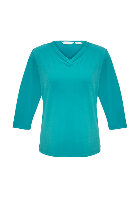 Ladies Lana 3/4 Sleeve Top in turquoise blue, featuring a pleat fold v-neck and soft flowing fabric, perfect for any occasion.