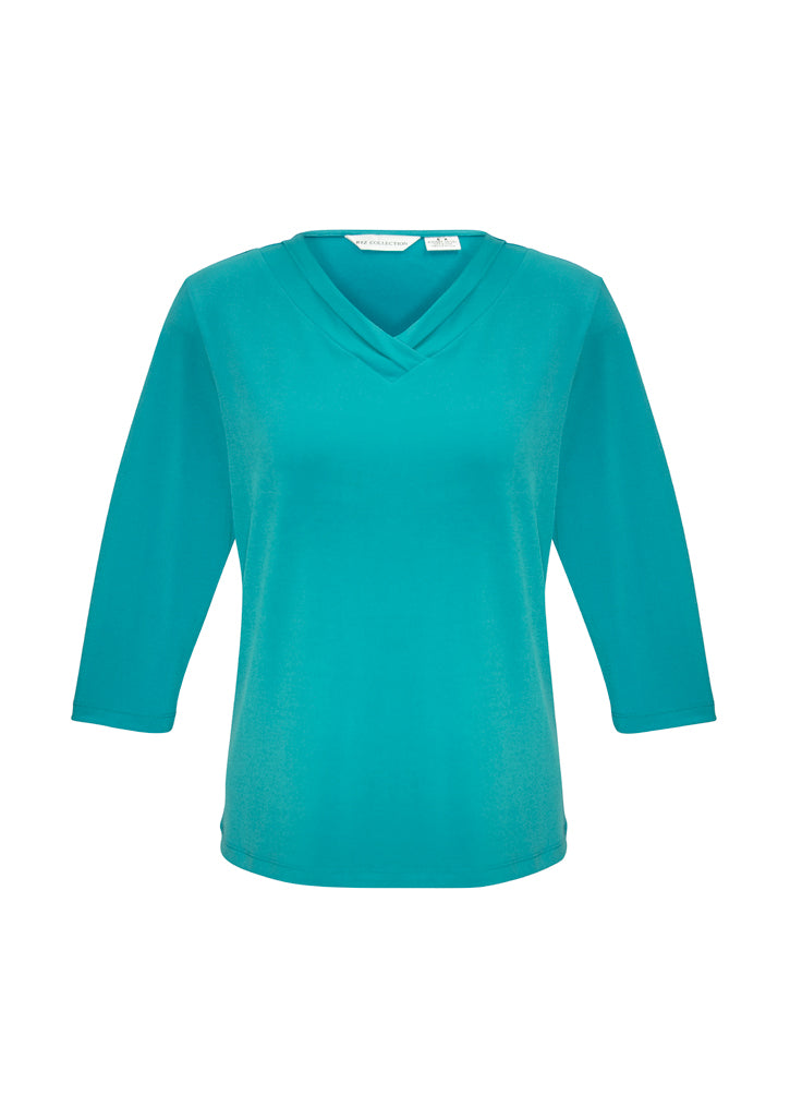 Ladies Lana 3/4 Sleeve Top in turquoise blue, size 24, featuring a pleat fold v-neck and soft, flowing fabric.