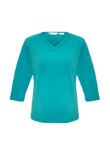 Ladies Lana 3/4 Sleeve Top in turquoise blue, size 24, featuring a pleat fold v-neck and soft, flowing fabric.