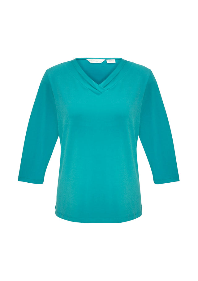 Ladies Lana 3/4 Sleeve Top in turquoise blue, size 24, featuring a pleat fold v-neck and soft, flowing fabric.