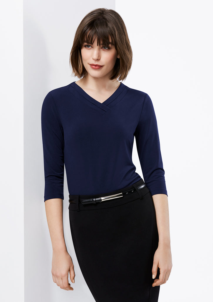 Ladies Lana 3/4 Sleeve Top in Cherry, size 6, featuring a stylish pleat fold v-neck and soft, easy-care jersey knit fabric.