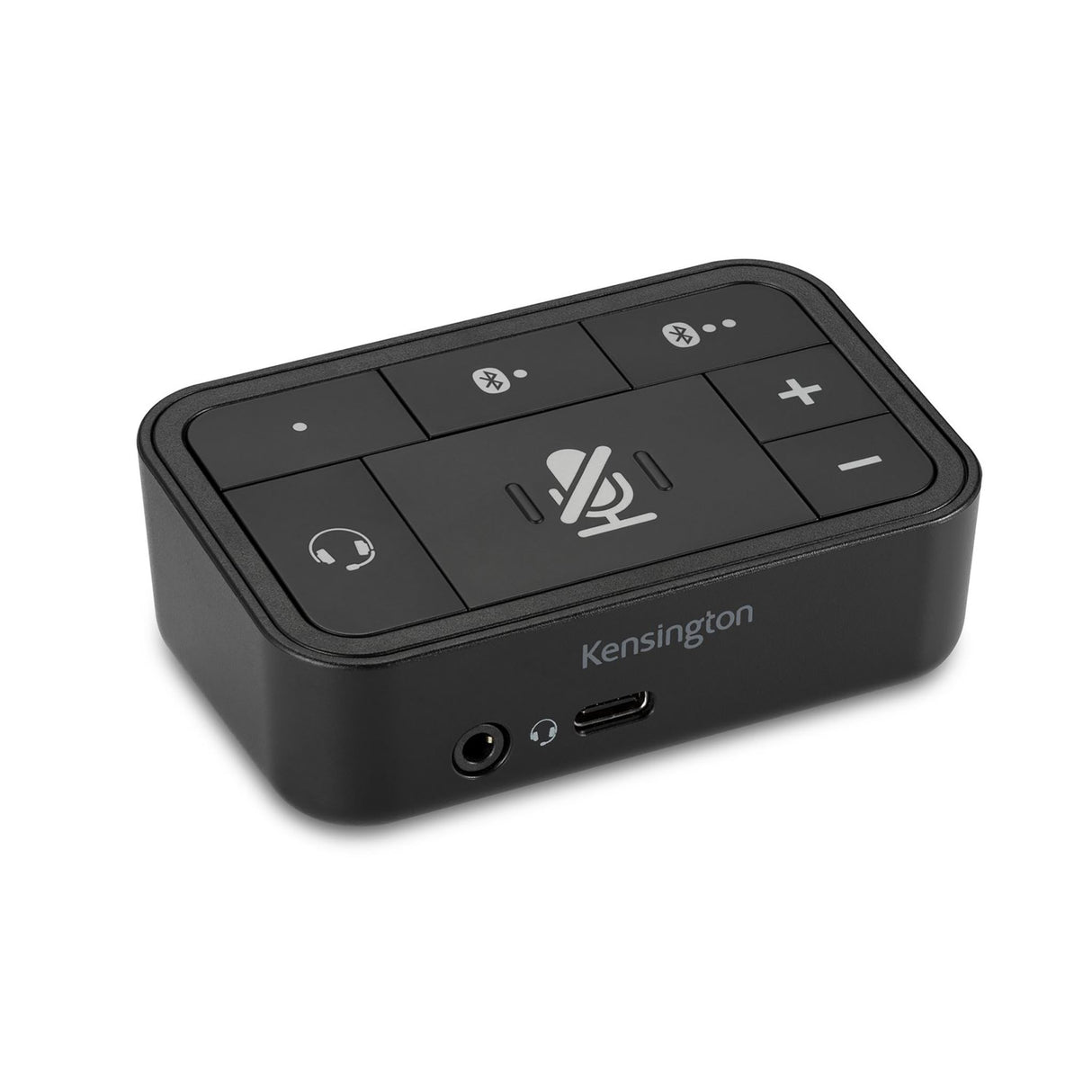 Kensington Universal 3-In-1 Pro Audio Headset Switch for seamless connectivity across Bluetooth, USB-C, USB-A, and 3.5mm devices.